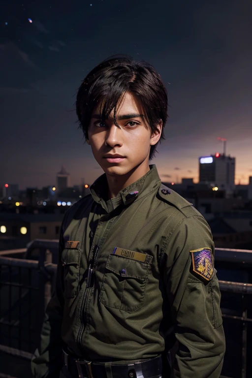 Anime boy with brown skin, cute purple eyes, military uniform, 4k image, anime style, city background, epic, highly detailed