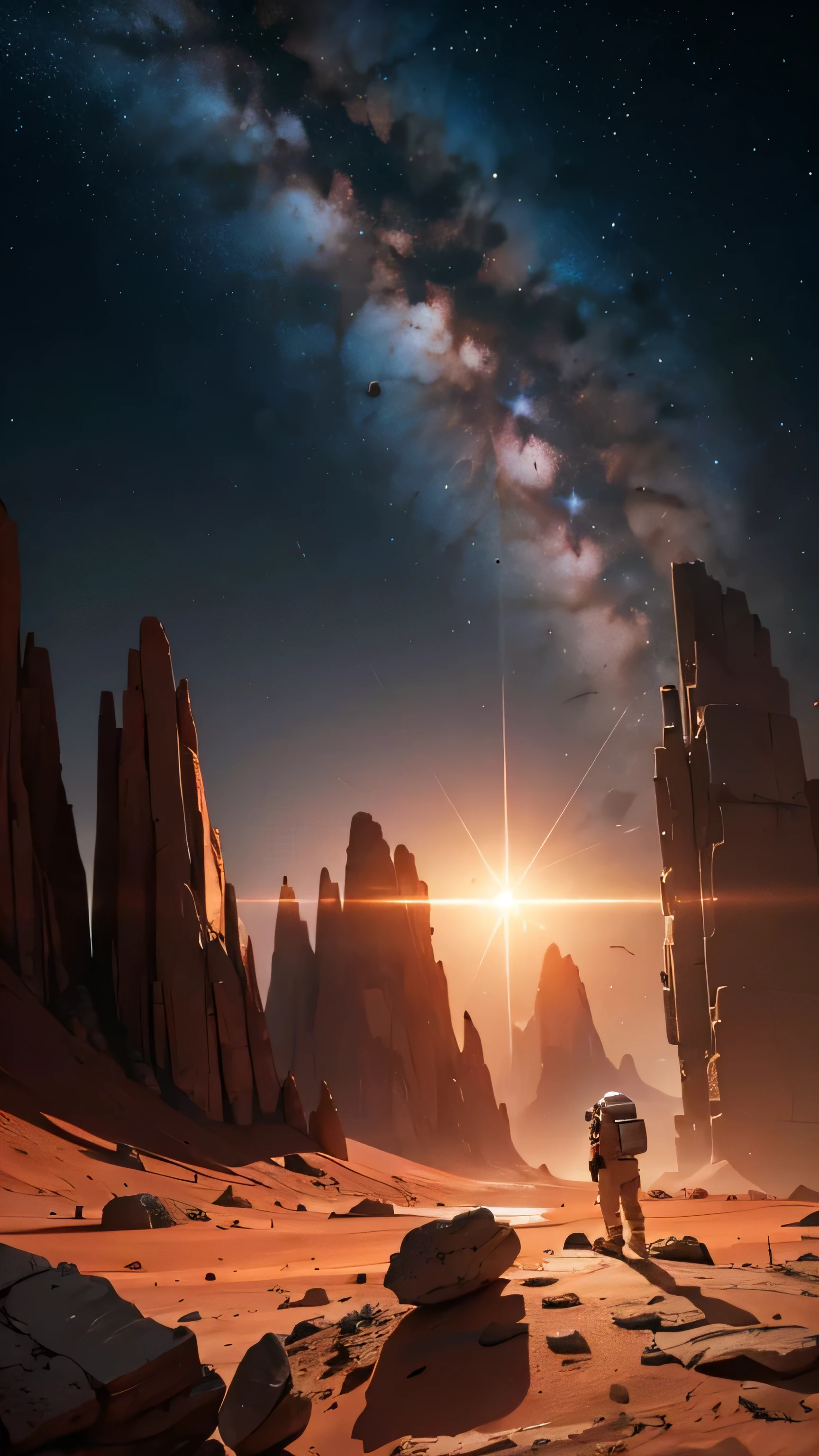 Create a stunning, highly detailed watercolor painting that encapsulates the spirit of human exploration on Mars. The scene should feature two astronauts in their advanced space suits.
Foreground:
One astronaut is crouched down, meticulously examining Martian rocks with scientific instruments. The detail of the astronaut's suit should show various gadgets and tools attached, reflecting the advanced technology. His visor reflects the ground below, adding a realistic touch.
The second astronaut is standing, gazing out over the expansive Martian landscape. This astronaut's stance should convey a sense of awe and contemplation. The visor of this astronaut reflects the distant horizon.
Midground:
The terrain should be rugged, with an array of rocky formations and red-hued soil typical of Mars. Include a mix of boulders and smaller rocks to show the varied geology.
In the distance, majestic mountains rise, their peaks bathed in the subtle glow of the Martian twilight.
Background:
The sky is a breathtaking canvas of the Martian night, filled with countless stars twinkling in the cold expanse of space. Include recognizable constellations to give a sense of place within our galaxy.
A hint of the Milky Way can be seen, adding depth and wonder to the scene.
Include the faint, ethereal light of Phobos and Deimos, Mars' moons, casting a soft glow on the landscape.
Atmosphere:
The overall color palette should blend the deep reds and browns of Mars' surface with the cool blues and whites of the starry sky, creating a striking contrast.
Add subtle atmospheric effects like a slight haze near the horizon to enhance realism.
The lighting should be dramatic, with shadows cast by the astronauts and rocks, emphasizing the alien yet familiar terrain.
Additional Details:
Incorporate small signs of the astronauts' activities, such as footprints in the dust, a flag planted in the ground, or scientific equipment set up nearby.
The painting should evoke a sense of solitude, curiosity, an