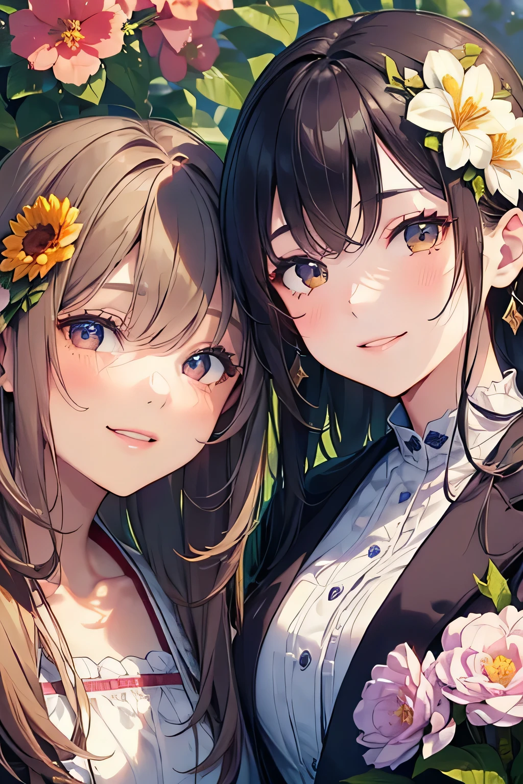 highest quality、High resolution、Detailed Background、(Beautiful face in every detail:1.4)、Anatomically correct、(Draw the usual number of fingers:1.2)、(Detailed facial expressions)、(Detailed eyes:1.2)、(Detailed eyes:1.2)、Beautiful, smooth skin、Teenage beauty、(Highly detailed face:1.4)、
Cute hair colour、Bobcut、Long Hair、Wavy Hairstyle、Cute Eye Makeup、Cute Lip Makeup、Cute JK Uniform、Cute gestures、laughing、smile、Sunny Four Seasons々Flowers々A garden in full bloom、
(Two beautiful girls looking happy:1.5)