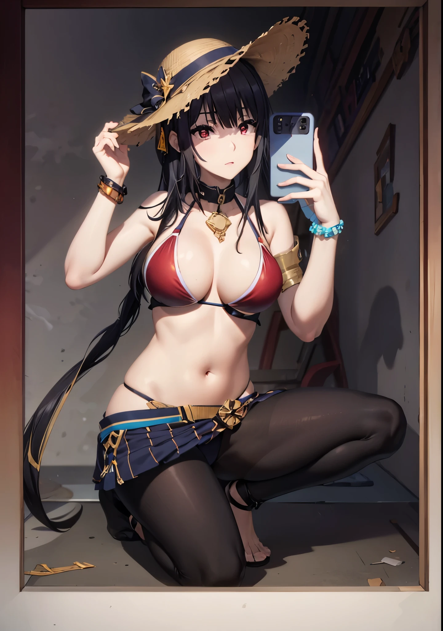 black hair,red eyes,(((bikini))),long hair,phone in hand,hat
