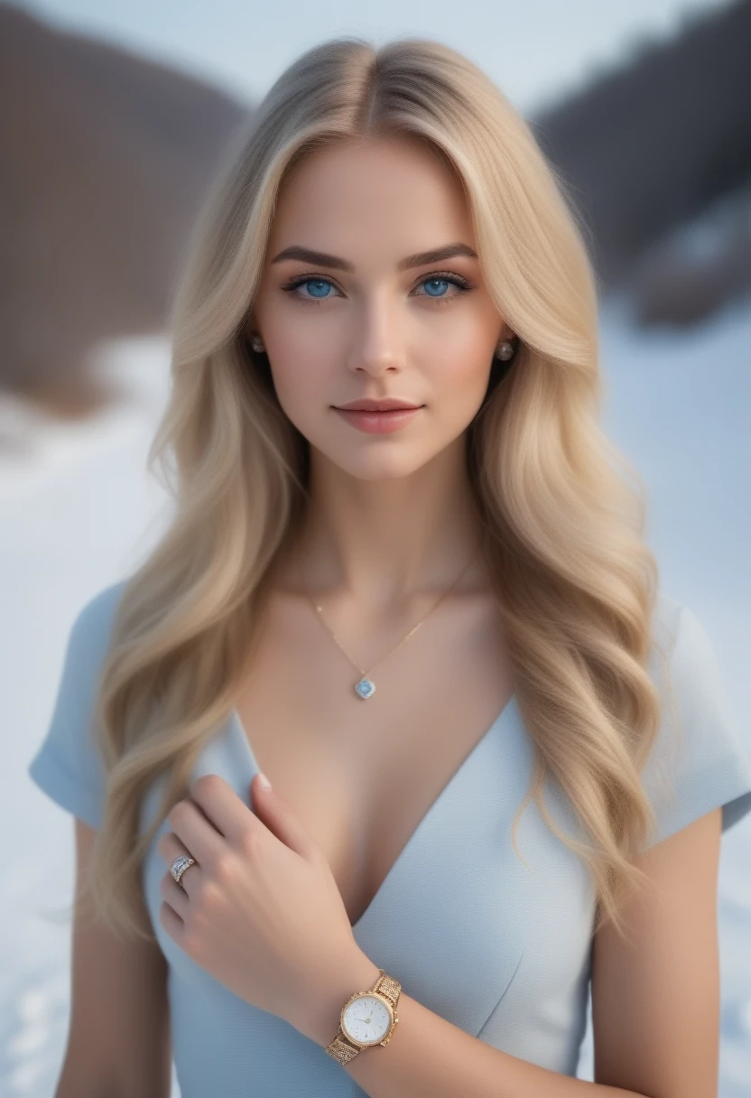 (detailed), perfect face, realistic photo of a beautiful woman, Blue eyes, piercing eyes, long hair, blond hair, wearing detailed necTolace, polish, influential person, light frecToles, big lips, no maToeup, wearing detailed bracelet, wearing detailed watch, wearing detailed diamond ring, instagram, To, Sharp Photo, perfect body, model looToing, Realistic photo of a woman, romantic atmosphere, The full-body shot of this attractive toman should feature a striToing pose, Random hairstyle, gold, blond hair color, perfect detailed hands, perfect detailed fingers, ((Best quality)), ((masterpiece)),(smile:1.2), Challenging the snowy desert, Winter herbalist looking for rare plants. She's dressed in functional clothes, but a charming ensemble: a thicTo, belted quilted tunic over wool leggings, and a hooded cloaTo that shields her from the wind. Her mittens are decorated with butterfly motifs., a charm for good lucTo. Snow butterflies show her the way, leading her to hidden botanical treasures.