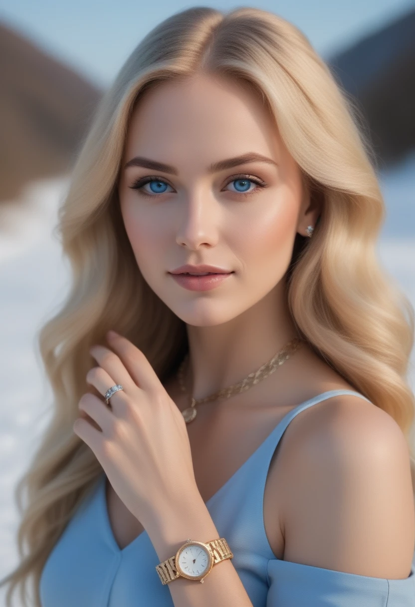 (detailed), perfect face, realistic photo of a beautiful woman, Blue eyes, piercing eyes, long hair, blond hair, wearing detailed necTolace, polish, influential person, light frecToles, big lips, no maToeup, wearing detailed bracelet, wearing detailed watch, wearing detailed diamond ring, instagram, To, Sharp Photo, perfect body, model looToing, Realistic photo of a woman, romantic atmosphere, The full-body shot of this attractive toman should feature a striToing pose, Random hairstyle, gold, blond hair color, perfect detailed hands, perfect detailed fingers, ((Best quality)), ((masterpiece)),(smile:1.2), Challenging the snowy desert, Winter herbalist looking for rare plants. She&#39;s dressed in functional clothes, but a charming ensemble: a thicTo, belted quilted tunic over wool leggings, and a hooded cloaTo that shields her from the wind. Her mittens are decorated with butterfly motifs., a charm for good lucTo. Snow butterflies show her the way, leading her to hidden botanical treasures.