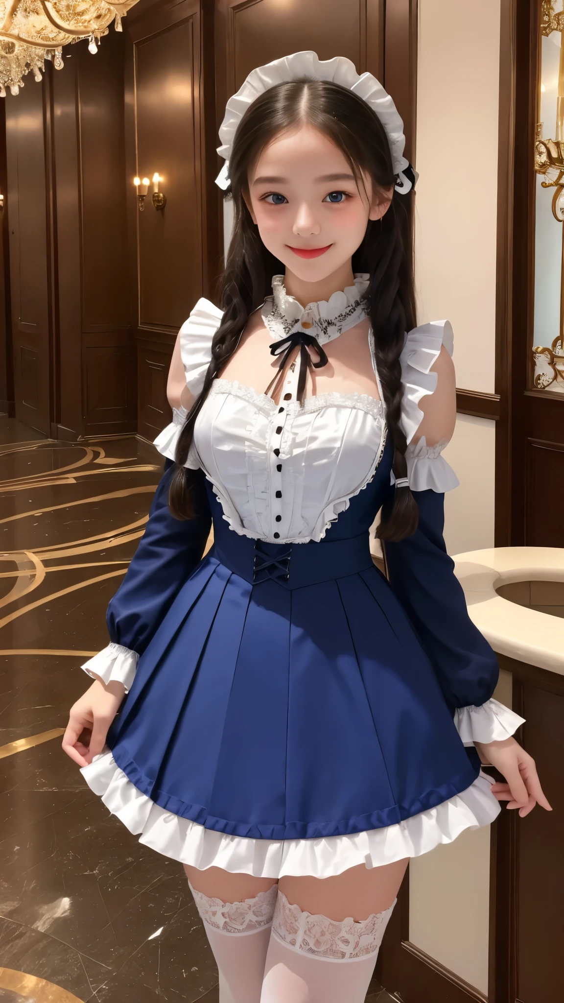 ((masterpiece)), ((highest quality、Ultra high definition)), (Very detailed),8K、(Photo quality)、(((Amazingly cute girl))), -yeld gi (Beautiful sapphire blue eyes), ((smile)),White skin、Glossy lips、In the spacious lobby of a huge, ultra-luxurious resort hotel, Beautifully arranged black hair in twin tails、Lace fabric ribbon、whole body、(Slim figure)、((Super high-end white see-through summer gothic lolita maid costume、A super mini skirt with lots of frills))、Professional Lighting、(White lace knee-highore detailed and beautiful)、(More details and cutenesore realistic)、(((Ultimate cuteness in every way)))、