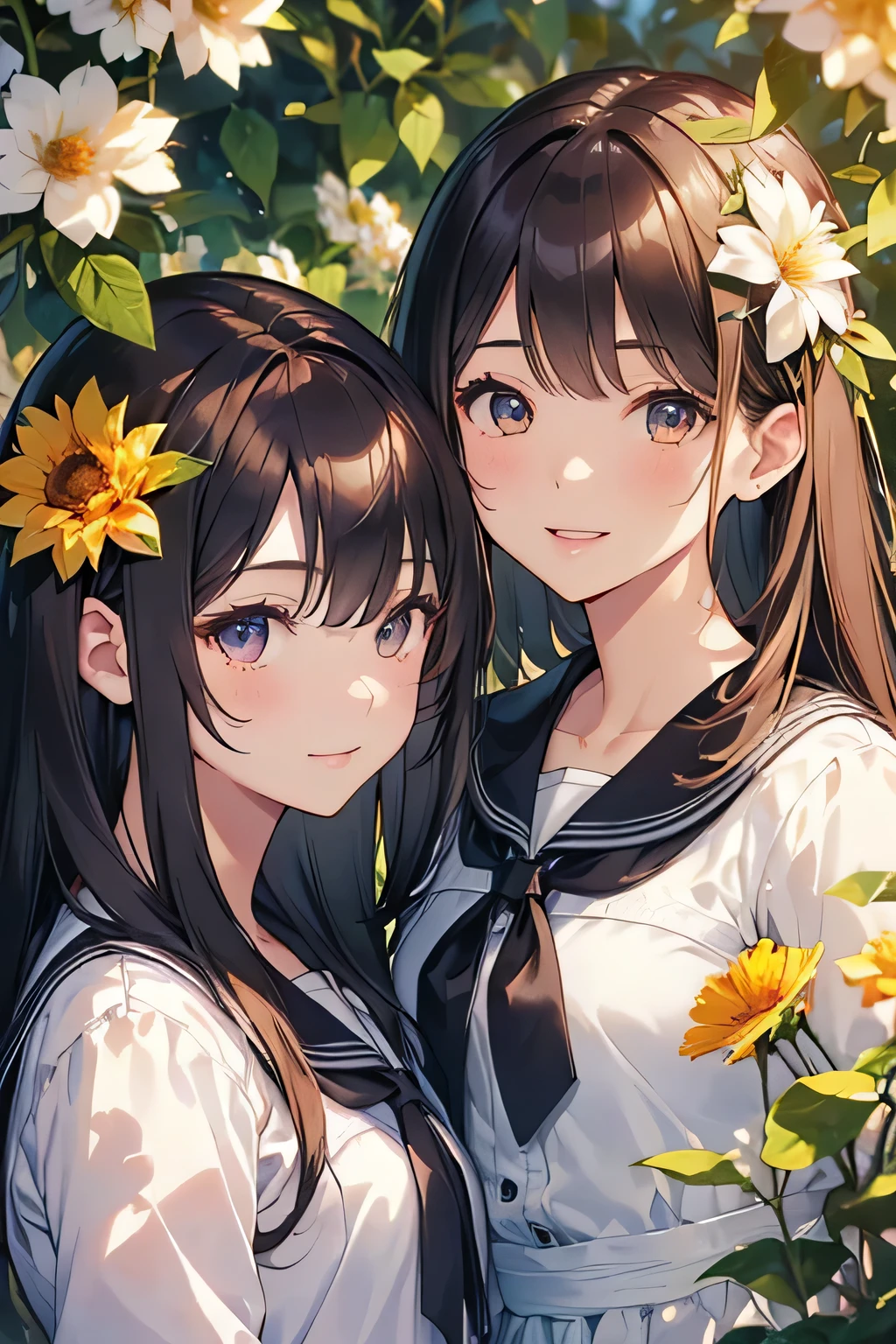 highest quality、High resolution、Detailed Background、(Beautiful face in every detail:1.4)、Anatomically correct、(Draw the usual number of fingers:1.2)、(Detailed facial expressions)、(Detailed eyes:1.2)、(Detailed eyes:1.2)、Beautiful, smooth skin、Teenage beauty、(Highly detailed face:1.4)、
Cute hair colour、Bobcut、Long Hair、Wavy Hairstyle、Cute Eye Makeup、Cute Lip Makeup、Cute JK Uniform、Cute gestures、laughing、smile、Sunny Four Seasons々Flowers々A garden in full bloom、
(Two beautiful girls looking happy:1.5)