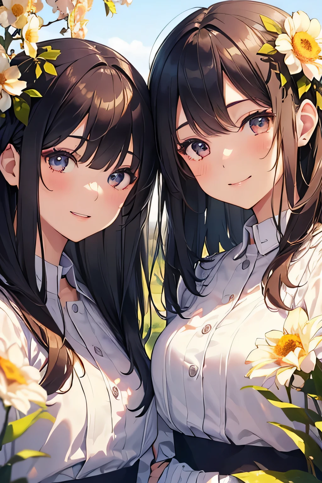 highest quality、High resolution、Detailed Background、(Beautiful face in every detail:1.4)、Anatomically correct、(Draw the usual number of fingers:1.2)、(Detailed facial expressions)、(Detailed eyes:1.2)、(Detailed eyes:1.2)、Beautiful, smooth skin、Teenage beauty、(Highly detailed face:1.4)、
Cute hair colour、Bobcut、Long Hair、Wavy Hairstyle、Cute Eye Makeup、Cute Lip Makeup、Cute JK Uniform、Cute gestures、laughing、smile、Sunny Four Seasons々Flowers々A garden in full bloom、
(Two beautiful girls looking happy:1.5)