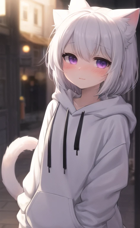 Cat girl, white hair,cute face, blushing, purple and black  elements on hair, white oversized hoodie, beautiful lights and shadows, ambient light, ultra detailed hair, volumetric light