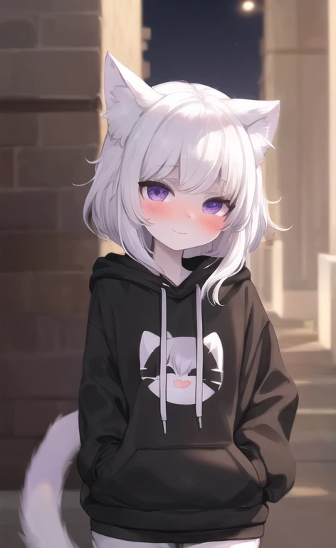 Fox girl, white hair, Left eye purple, right eye white, purple mark on the left face side, cute face, blushing, purple and black elements on hair, white oversized hoodie, beautiful lights and shadows, ambient light, ultra detailed hair, volumetric light