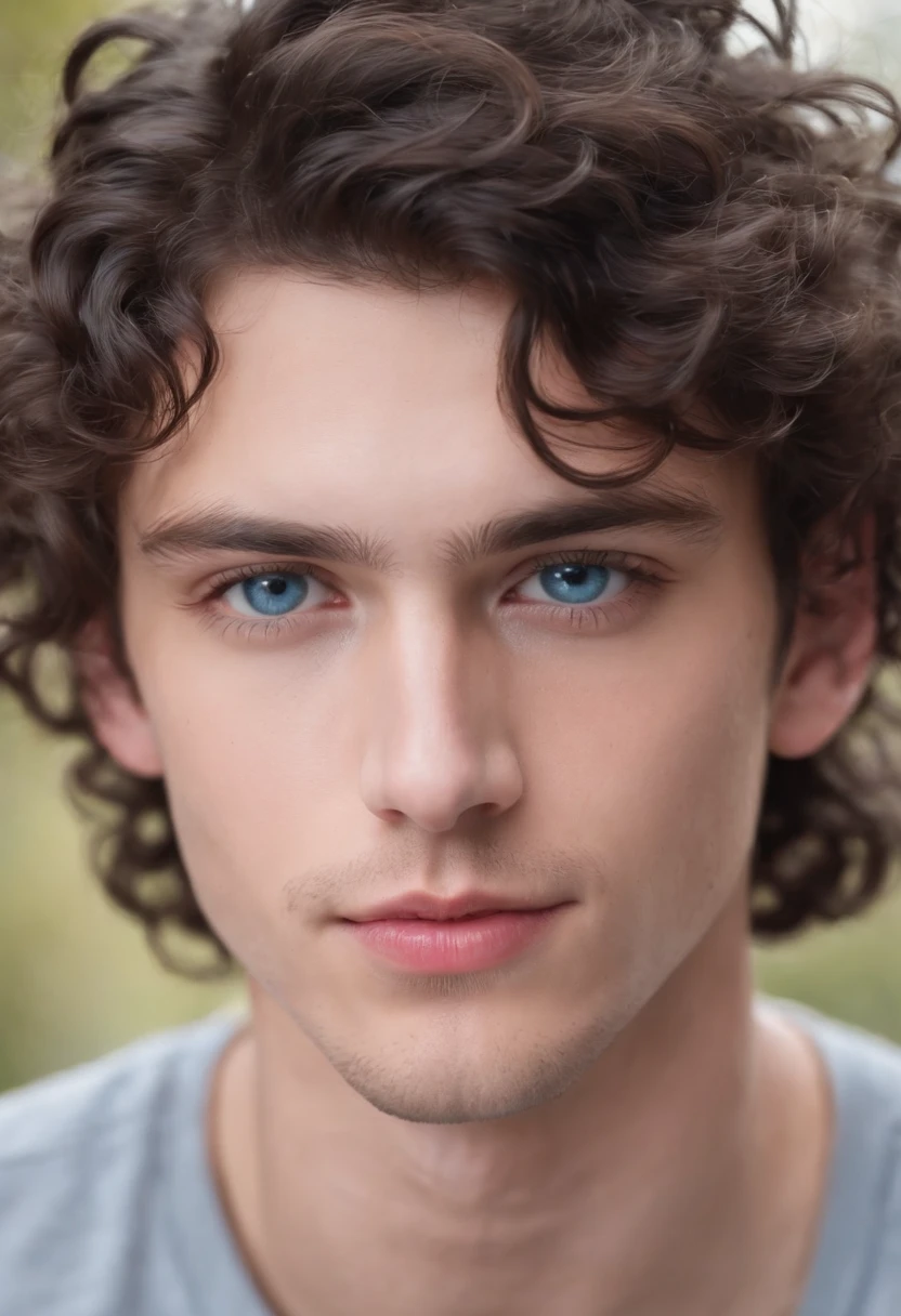 Boy with curly black hair perfect white face thin and small nose voluminous lips marked nandibula eyelashes intense blue eyes perfect face