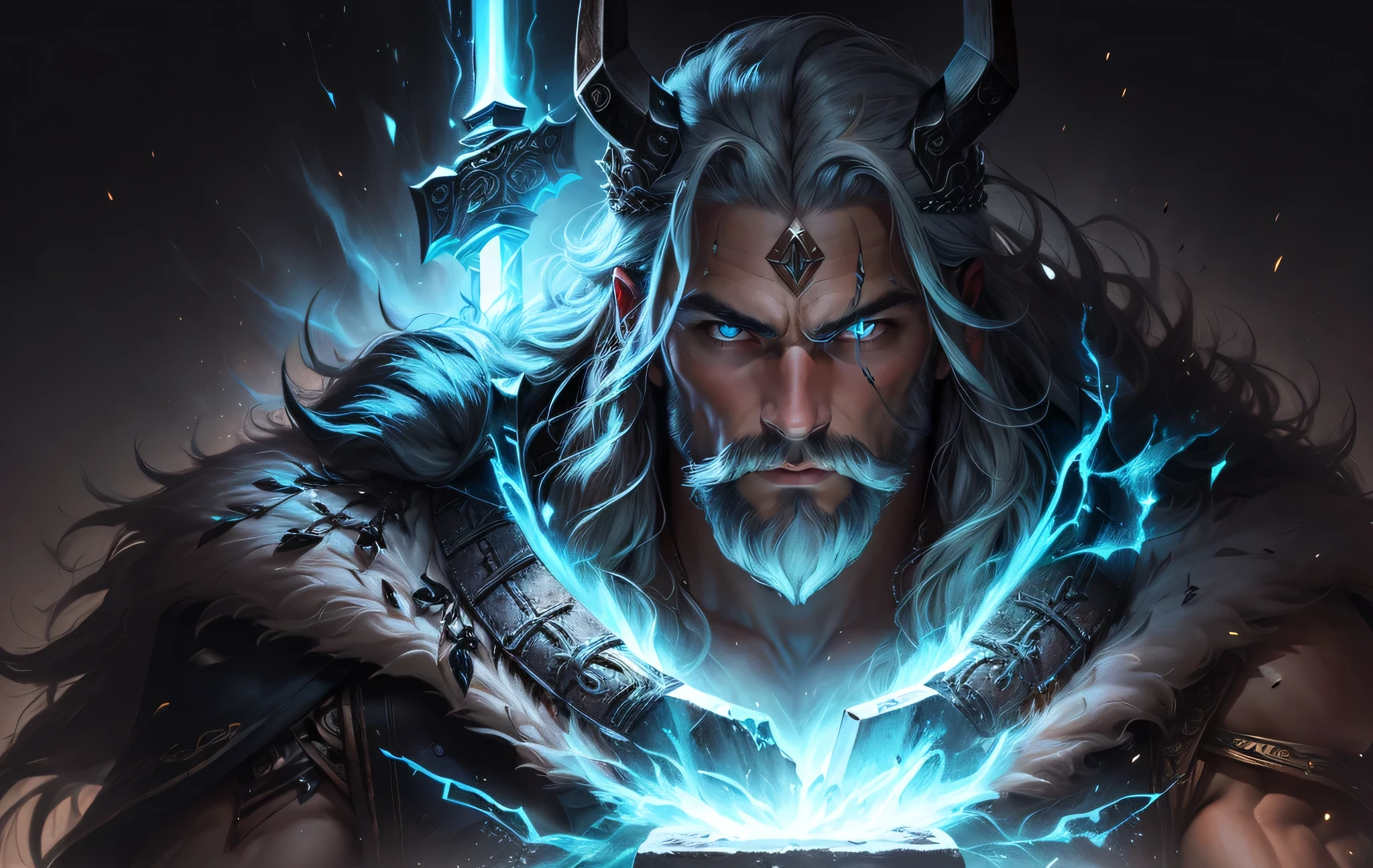 blurred image of a man with a hammer in his hand, retrato pintado de odin robusto, the God of thunder, God of thunder, Nordic god, black Thor, gigante de gelo, Nordic warrior, arte de fantasia sombria da velha escola, Nordic, Gimli, moinhos, Nordic mythology, Thor, retrato pintado de Zeus robusto