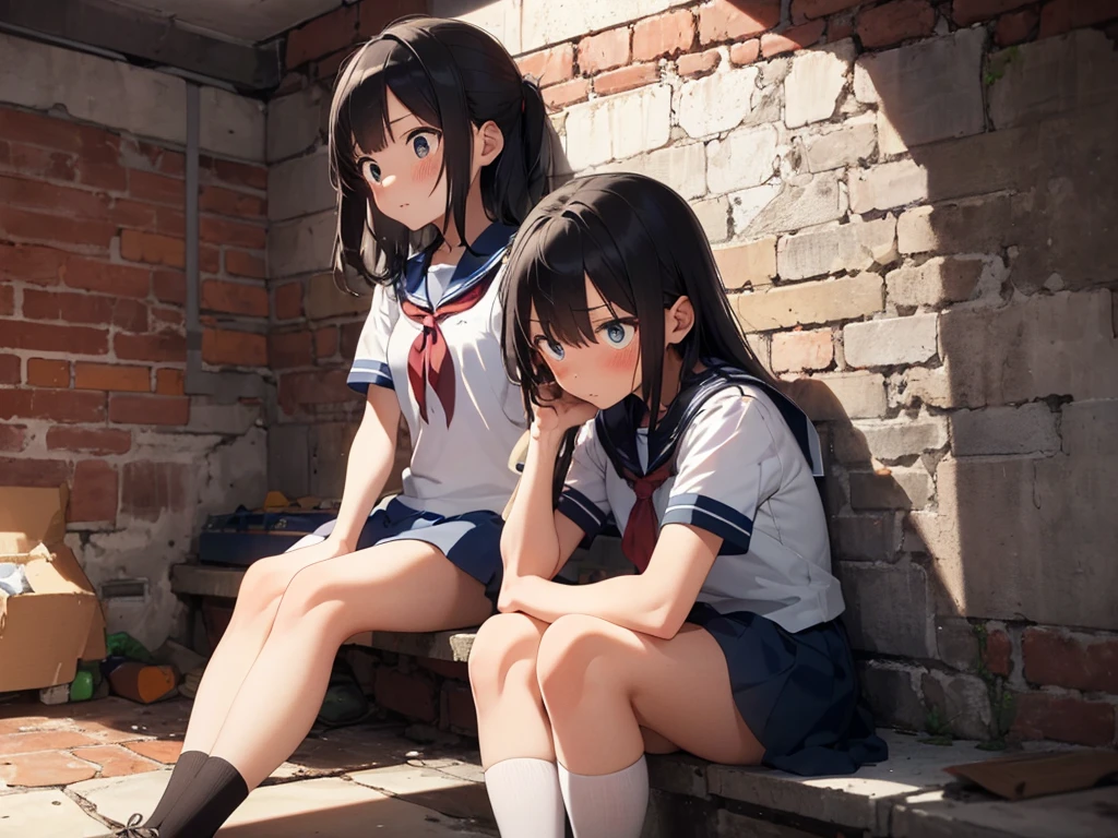 3 girls, ((squeezed together, inside tiny cube, sitting, basement, cellar, basement)), (sitting:1.5), front view, (inside tiny cube, tightly packed), (((blushing, worried face, struggling))), ((short sleeve, sailor uniform, tight clohing)), arms to sides, long hair, dark hair, saphire eyes, perfect body, perfect face, detailed face, (((detailed eyes))), image taken from afar, ((inside a concrete room, inside a brick room, inside basement)), (((shoved inside wall)))