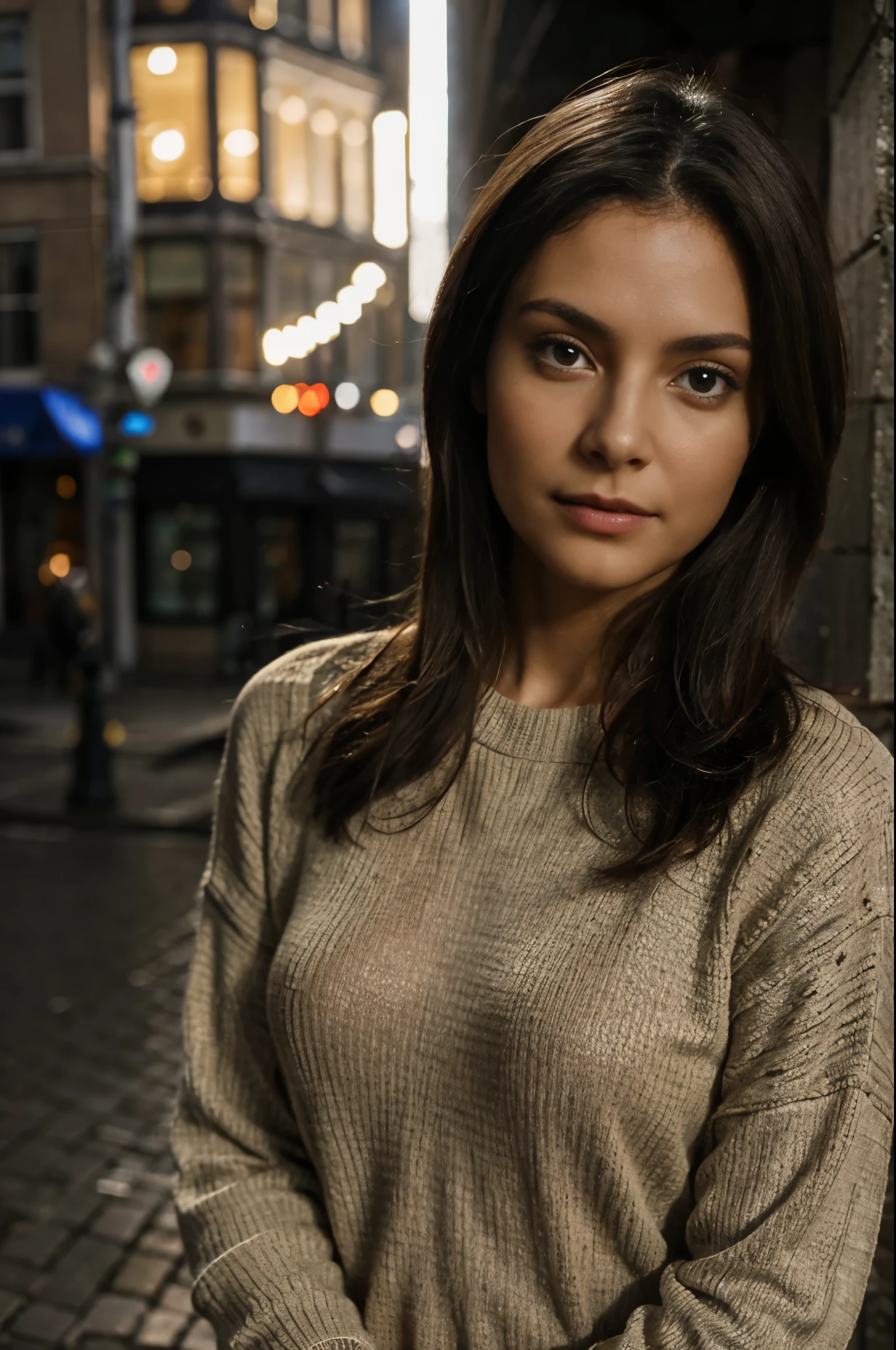 mulher europeu de 25 anos, com o olhar encantadora, ultra realistic, corpo de modelo, rosto angelical, meticulosamente detalhado, cabelos pretos e olhos grandes, corpo inteiro, A young woman in walking at night in the red district Amsterdam and quiet in Europe landscape photo distance, Cold Sweater, sem maquiagem, maquiagem natural, Looking directly at the camera, Rosto com ArtGram, maquiagem sutil, Impressionante tiro de corpo inteiro.