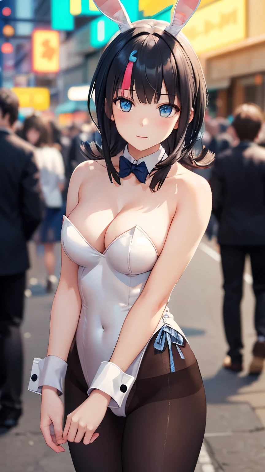 masterpiece, great quality, ultra detail, illustration, game cg, 1girl, solo, (FGOErice), collarbone, cleavage, blush, standing, bunnygirl, bunny ears, detached collar, wrist cuffs, pantyhose, strapless leotard, outside, neon lights, crowd