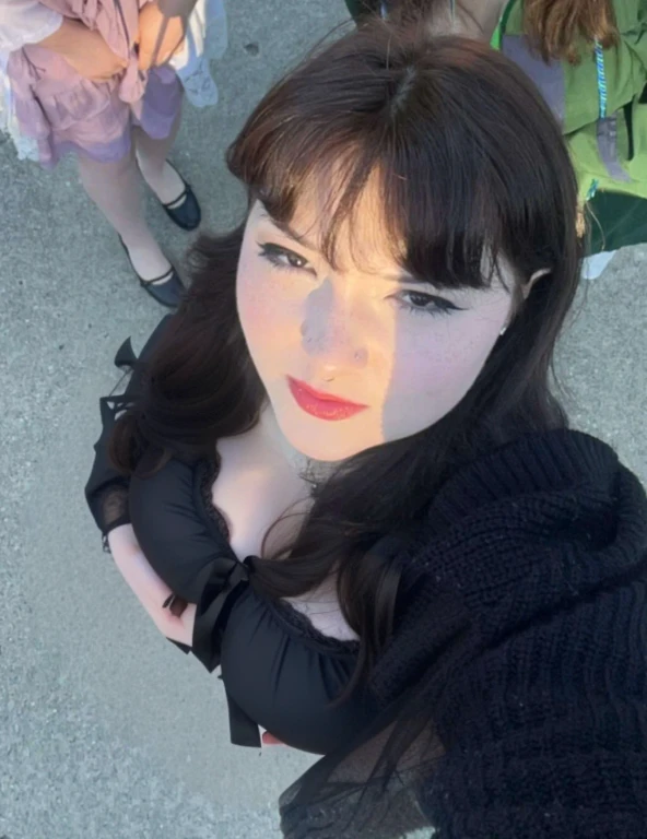 araffe woman with long black hair and red lipstick looking up at the camera, pale goth beauty, profile picture, very pale skin, profile image, goth girl aesthetic, very very very pale white skin, pale fair skin!!, very very pale white skin, very very low quality picture, very pale white skin, pale ivory skin, goth girl, Big tits, huge , from above, major cleavage, cleavage showing, deep cleavage, low cut shirt, deep cleavage