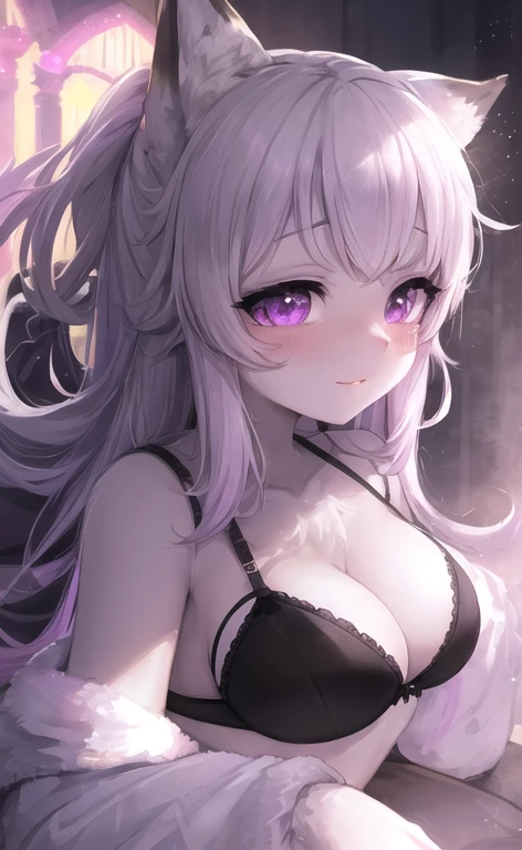Fox girl, white hair, Left eye purple, right eye white, purple mark on the left face side, cute face, blushing, purple and black elements on hair, black bra, light pink panties , beautiful lights and shadows, ambient light, ultra detailed hair, volumetric light