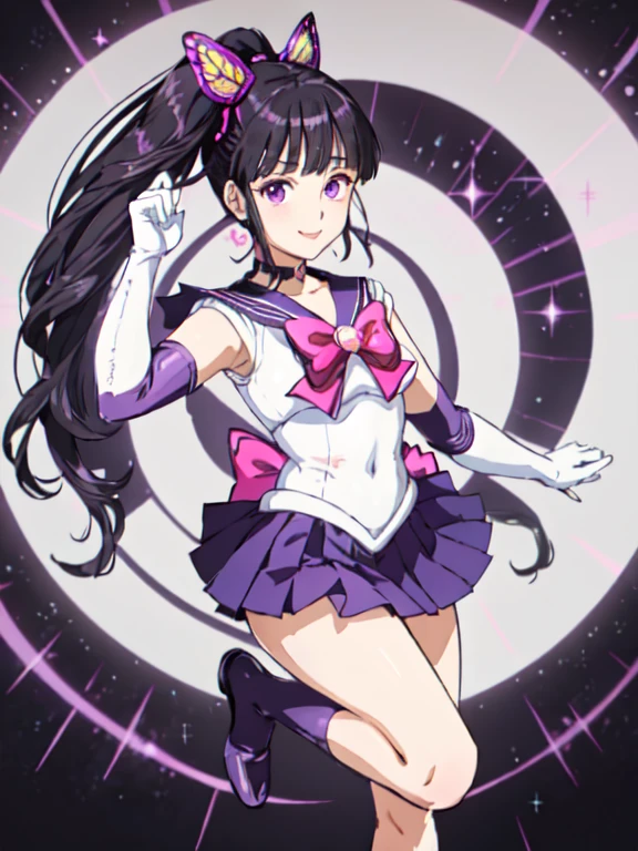 kanao tsuyuri, black hair, butterfly, butterfly hair ornament, (purple eyes:1.1), side ponytail, ponytail,
sailor outfit, purple sailor outfit, elbow gloves, sailor moon,
(best quality, masterpiece, RAW photo,ultra-detailed:1.2), 1girl,solo,looking at viewer,smile