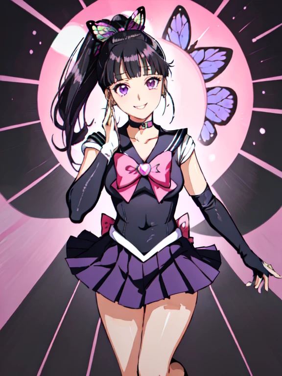 kanao tsuyuri, black hair, butterfly, butterfly hair ornament, (purple eyes:1.1), side ponytail, ponytail,
sailor outfit, purple sailor outfit, elbow gloves, sailor moon,
(best quality, masterpiece, RAW photo,ultra-detailed:1.2), 1girl,solo,looking at viewer,smile