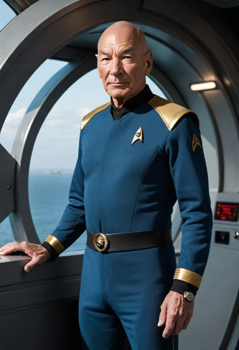 hyper-detailed Patrick Stewart dressed in a Star Trek uniform, stands on the main bridge and looks out the porthole.'view from space'