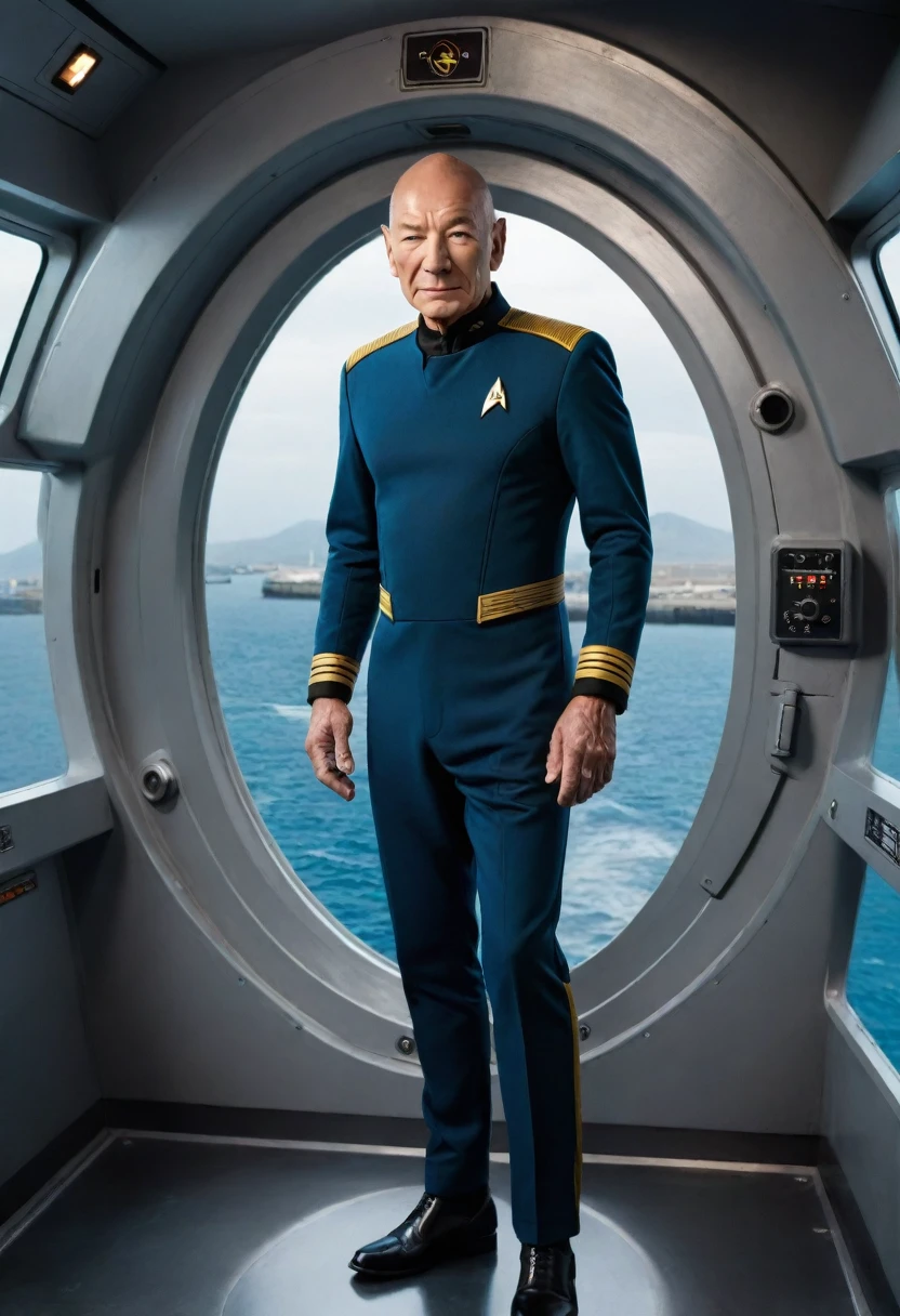 hyper-detailed Patrick Stewart dressed in a Star Trek uniform, stands on the main bridge and looks out the porthole.&#39;view from space&#39;
