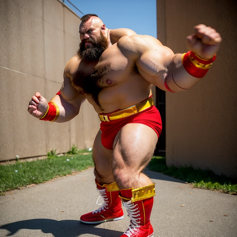 zangief,a man with a beard and a golden belt, fighting game character, street fighter 5,muscled humanoid,heavy looking,buff man,wrestler,Red short briefs,capcom,street fighter,shirtless,muscular male,chest hair,visually weighty,bearded man,mohawk hair,no wristband,Red Wrestling Boots((best quality)), ((masterpiece)), (detailed), perfect face