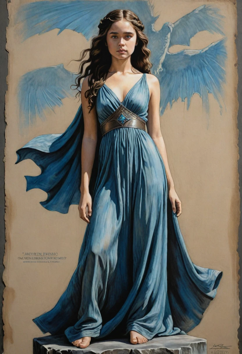 An illustrated movie poster, hand-drawn, full color, a young girl, wearing a chiton, resembles Mathilde Lando, warm brown complexion, azure blue eyes, ashy hair, long loose curls, waist-length hair, posing on a pedestal, hard shadows, graphite shading, stencil marks, airbrushed acrylic paint, masterpiece, in the style of Game of Thrones