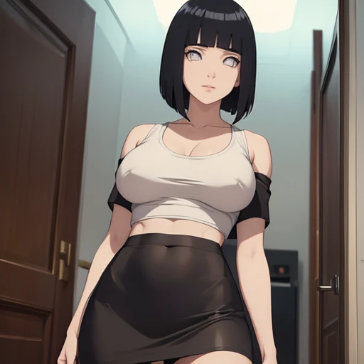 (masterpiece), anime, Best quality, good anatomy, one girl, Hinata Hyuga, (full height), white eyes, Big breasts, realistic face, gloomy face, Looking down, dark hair, short haircut, navel ,bare shoulders, tight black top, decollete, black pencil skirt, tall legs, beautiful legs, office, Reflectors, 8K masterpiece, super detail, film movie, best quality, best ditails, detailed face, detailed eyes, camera from bellow