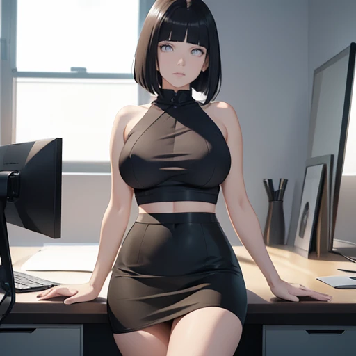 (masterpiece), anime, Best quality, good anatomy, one girl, Hinata Hyuga, (full height), white eyes, Big breasts, realistic face, gloomy face, Looking down, dark hair, short haircut, navel ,bare shoulders, tight black top, decollete, black pencil skirt, tall legs, beautiful legs, office, Reflectors, 8K masterpiece, super detail, film movie, best quality, best ditails, detailed face, detailed eyes, camera from bellow