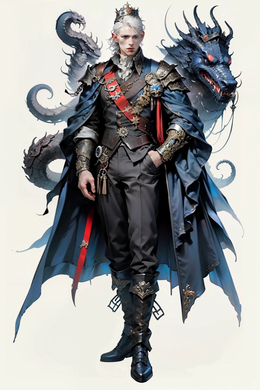 ((best quality)), ((masterpiece)), (detailed), perfect face, a young man wearing a large glorious crown with a huge ethereal cosmic crown looming above him, a knight, white background, plain background, Bloodborne inspired, Bloodborne attire, occult aesthetic, occult, red and white clothing detailed and intricate steampunk and detailed gothic, long coat, Complex laced boots, Silver hair swaying in the wind, white background, Very dramatic and cinematic lighting, full body, whole body, body, cosmic horror, grim dark, large heavy crown