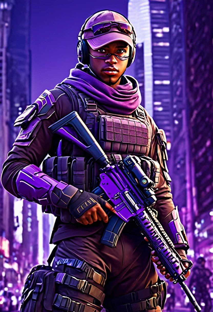 Anime guy, brown skin, purple eyes, cute, highly detailed, tactical gear, 4k image, city background, epic