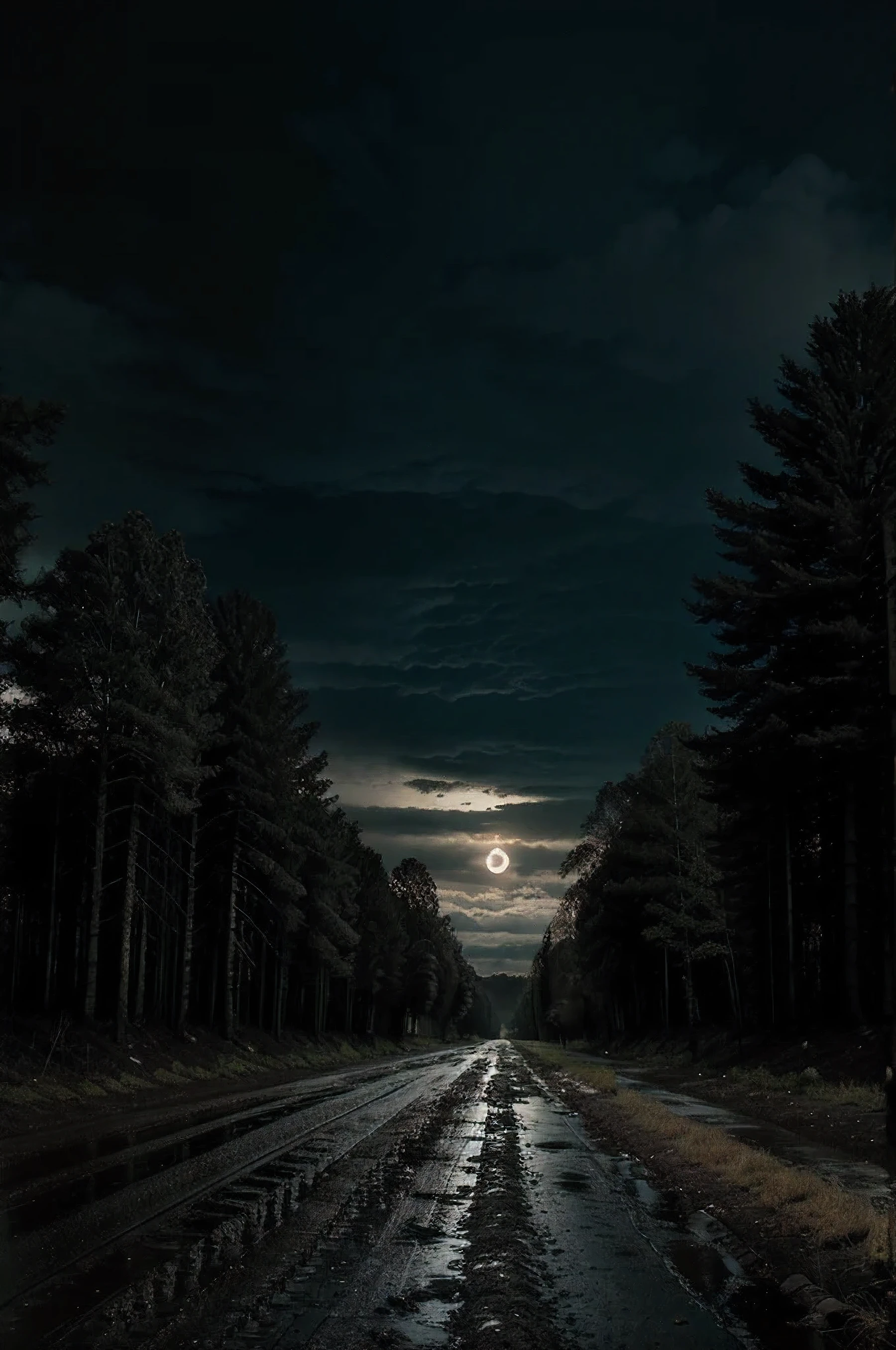 empty muddy road, scary, fir trees, agressive sky, dark cloudy sky, night, giant moon, november, moody 