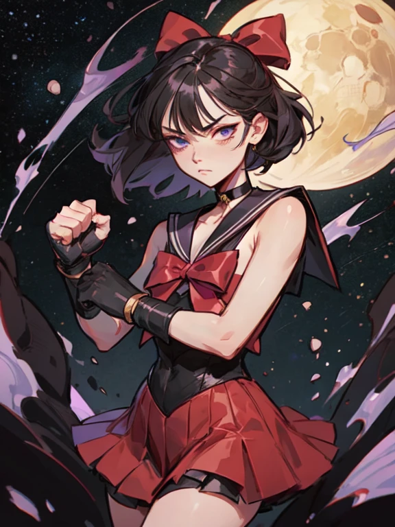 EPsmSailorSaturn, short black hair, purple eyes, choker, purple sailor senshi uniform, red bow, purple skirt, white elbow gloves, looking at viewer, serious, fighting pose, fists, space, stars, galaxy, high quality, masterpiece,