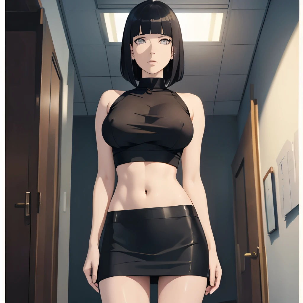 (masterpiece), anime, Best quality, good anatomy, one girl, Hinata Hyuga, (full height), white eyes, Big breasts, realistic face, gloomy face, Looking down, dark hair, short haircut, navel ,bare shoulders, tight black top, decollete, black pencil skirt, tall legs, beautiful legs, office, Reflectors, 8K masterpiece, super detail, film movie, best quality, best ditails, detailed face, detailed eyes, camera from bellow