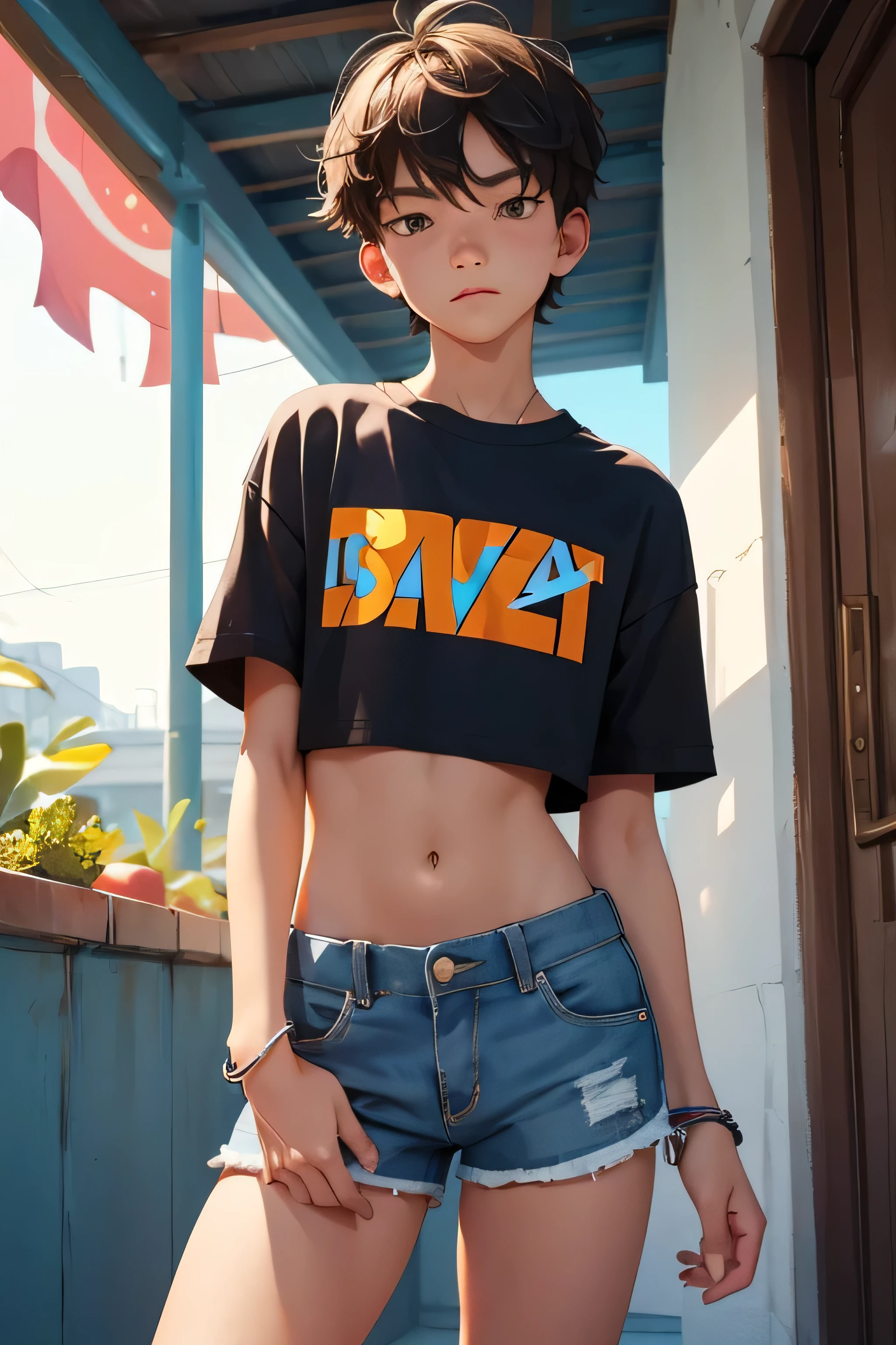 Teen boy ************, boy wears a crop shirt and too very short mini shorts, beautiful legs, hot summer, highest quality,