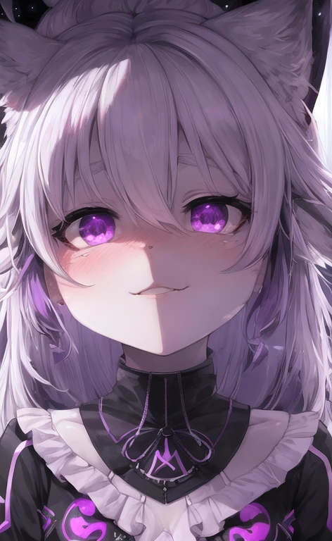 Fox girl, white hair, Left eye purple, right eye white, purple mark on the left face side, cute face, blushing, purple and black elements on hair,in pleasure , beautiful lights and shadows, ambient light, ultra detailed hair, volumetric light, *Hentai*