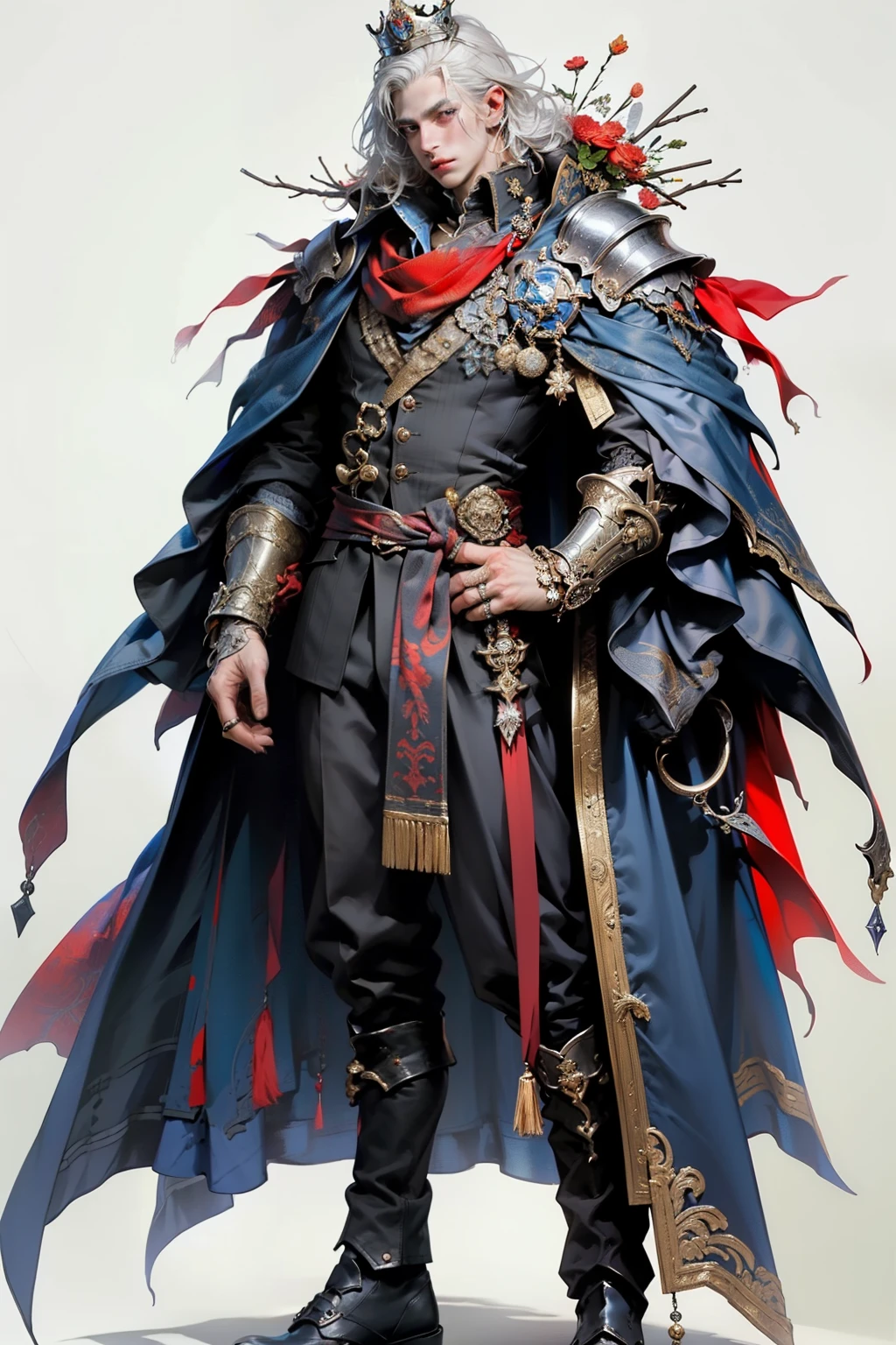 ((best quality)), ((masterpiece)), (detailed), perfect face, a young man wearing a large glorious crown with a huge ethereal cosmic crown looming above him, a knight, white background, plain background, Bloodborne inspired, Bloodborne attire, occult aesthetic, occult, red and white clothing detailed and intricate steampunk and detailed gothic, long coat, Complex laced boots, Silver hair swaying in the wind, white background, Very dramatic and cinematic lighting, full body, whole body, body, cosmic horror, grim dark, large heavy crown