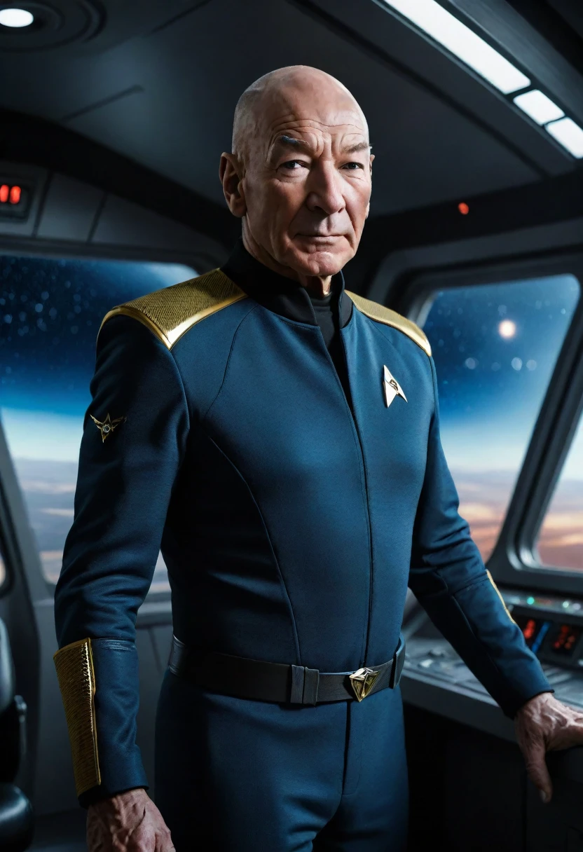 A highly detailed portrait of Patrick Stewart wearing a Star Trek uniform, standing on the main bridge of a starship, looking out the window with a view of outer space, hyper-realistic, cinematic lighting, photorealistic, 8k, masterpiece, intricate details, dramatic lighting, epic scale, photorealistic, sci-fi, dynamic pose, cinematic framing