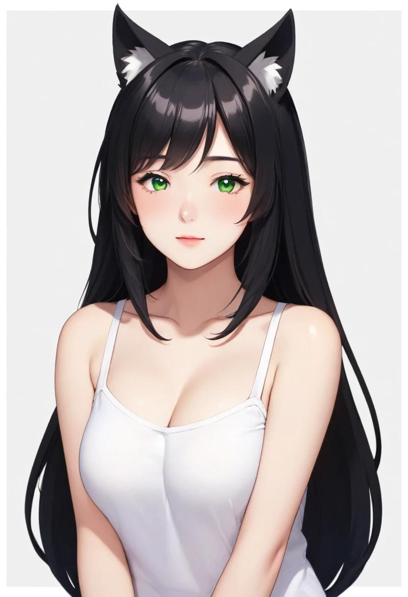 One girl, animal_ear_Fluff, animal_ears, 前hair, just_shoulder, black_hair, blush, chest, cin_ears, Closed_mouth, Eyebrow_appear_Through_hair, green_eye, gray_background, hair_between_eye, Khalil_(Princess_Connecting!), length_hair, Looking_in_Audience, Moderate_chest, Multicolor_hair, shirt, Simple_background, No sleeve, No sleeve_shirt, 一人in, upper_body, white_background, white_shirt, 