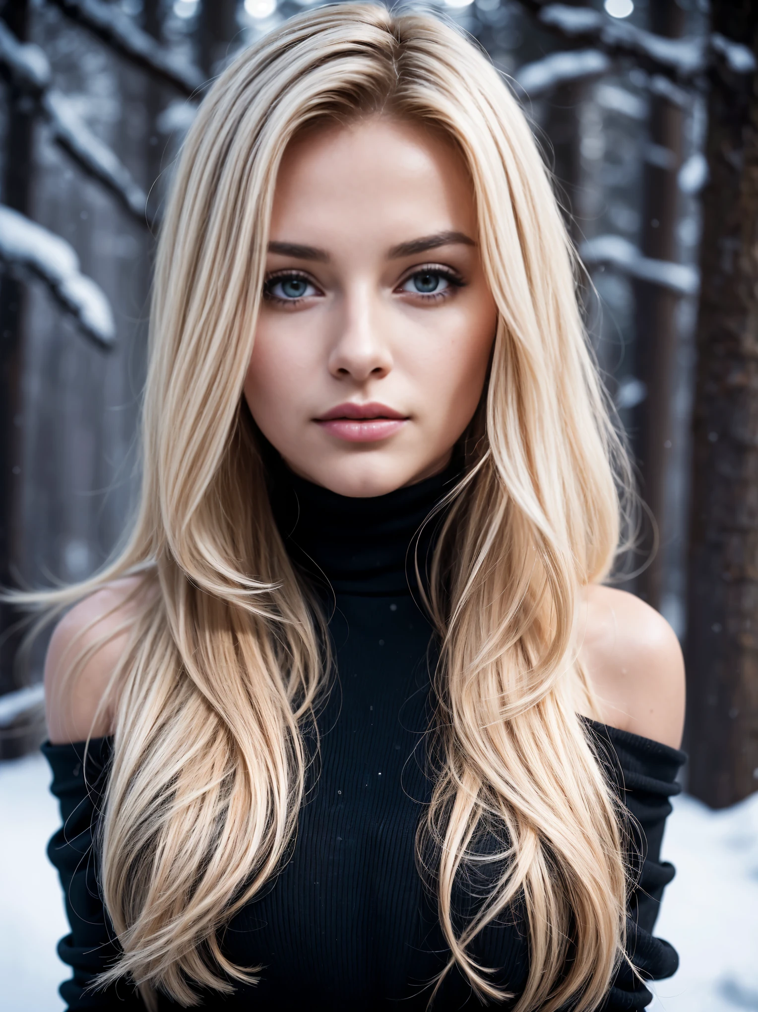 Extreme closeup portrait of an ultra hot gorgeous European woman.age 23. She’s a playmate and men magazine model. Blonde wavy hair. Black turtleneck loose wool dress. Bare shoulders. She flirts with camera. Snowy Outdoor night studio shot. Bokeh