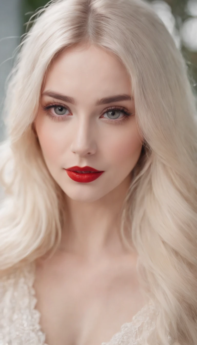 Girl with long platinum blonde hair big eyes long eyelashes voluminous red lips small nose fine blush on cheeks light makeup perfect face