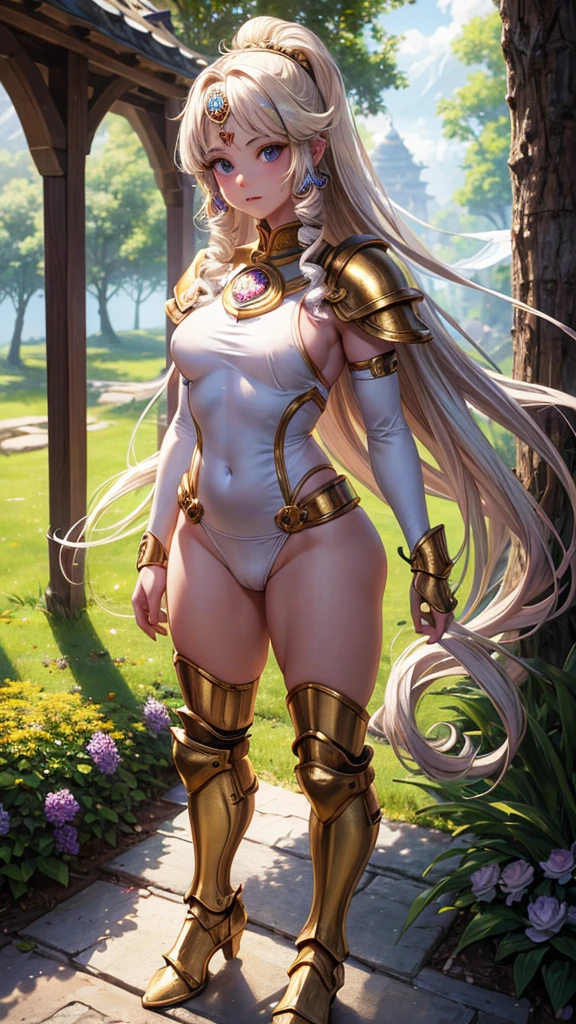 Kawai (warrior white girl),angelic face,(((full body)))(((back view))),luxury purple short clothes,round butty & hips,advanced tech(((golden armor)))esoteric details,(esoteric accessories).Curly blonde hair,green eyes(((third eye)))Shiva(Mystic)Landscape,spring fantasy.Krishna,Arjuna,gold.Hinduism,Lotus.4k,8k,hyperdetailed,photorealistic,64k,HQ,by Rembrandt,perfect composition,hyper detailed,natural light,hyper-realistic,hyperdetailed.Sony Alpha III,50mm lens