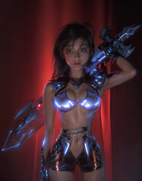 a ultra beautiful girl, with a black techno fantasy armor and a great sword in the back, cute, 12k, uhd, photorealistic, red lights decourations, black short hairs, ((european white race)), (ultra beautiful gorgeous realistic), naked belly and (naked arms), rendi la ragazza super realistica e super bella, rendi lo spadone vibrante di energia rossa