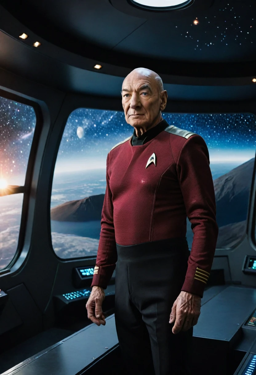 A highly detailed portrait of Patrick Stewart wearing a Star Trek uniform, standing on the main bridge of a starship, looking out the window with a view of outer space, hyper-realistic, cinematic lighting, photorealistic, 8k, masterpiece, intricate details, dramatic lighting, epic scale, photorealistic, sci-fi, dynamic pose, cinematic framing