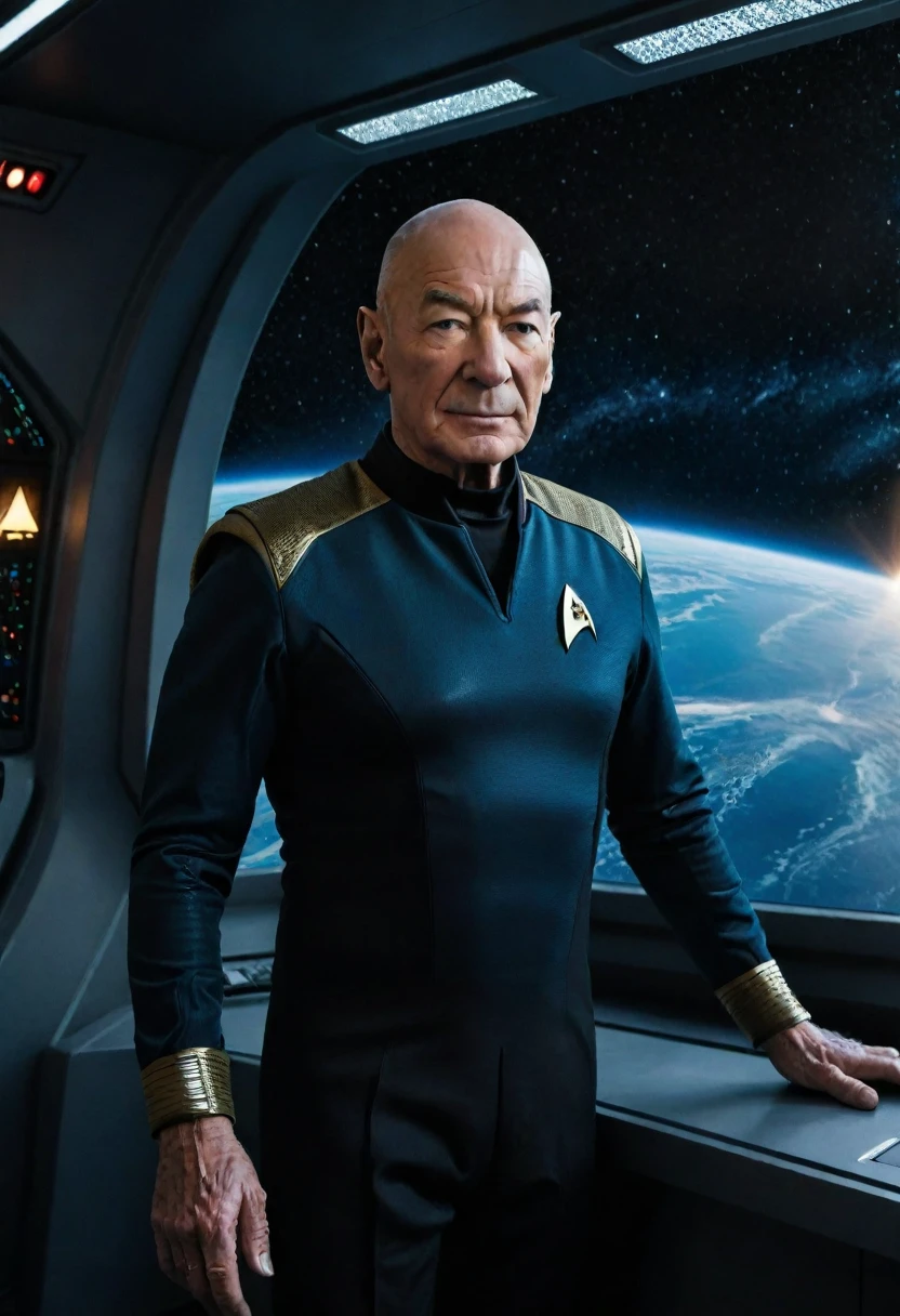 A highly detailed portrait of Patrick Stewart wearing a Star Trek uniform, standing on the main bridge of a starship, looking out the window with a view of outer space, hyper-realistic, cinematic lighting, photorealistic, 8k, masterpiece, intricate details, dramatic lighting, epic scale, photorealistic, sci-fi, dynamic pose, cinematic framing