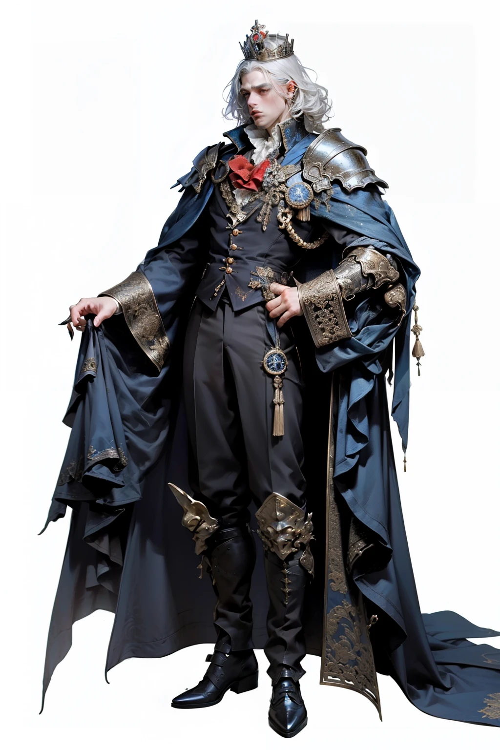 ((best quality)), ((masterpiece)), (detailed), perfect face, a young man wearing a large glorious crown with a huge ethereal cosmic crown looming above him, a knight, white background, plain background, Bloodborne inspired, Bloodborne attire, occult aesthetic, occult, red and white clothing detailed and intricate steampunk and detailed gothic, long coat, Complex laced boots, Silver hair swaying in the wind, white background, Very dramatic and cinematic lighting, full body, whole body, body, cosmic horror, grim dark, large heavy crown
