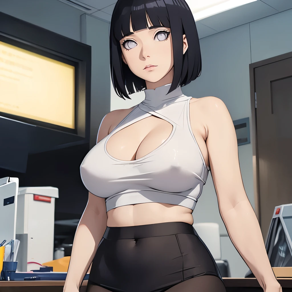 (masterpiece), anime, Best quality, good anatomy, one girl, Hinata Hyuga, (full height), white eyes, Big breasts, realistic face, gloomy face, Looking down, dark hair, short haircut, navel ,bare shoulders, tight black top, decollete, black pencil skirt, tall legs, beautiful legs, office, Reflectors, 8K masterpiece, super detail, film movie, best quality, best ditails, detailed face, detailed eyes, camera from bellow
