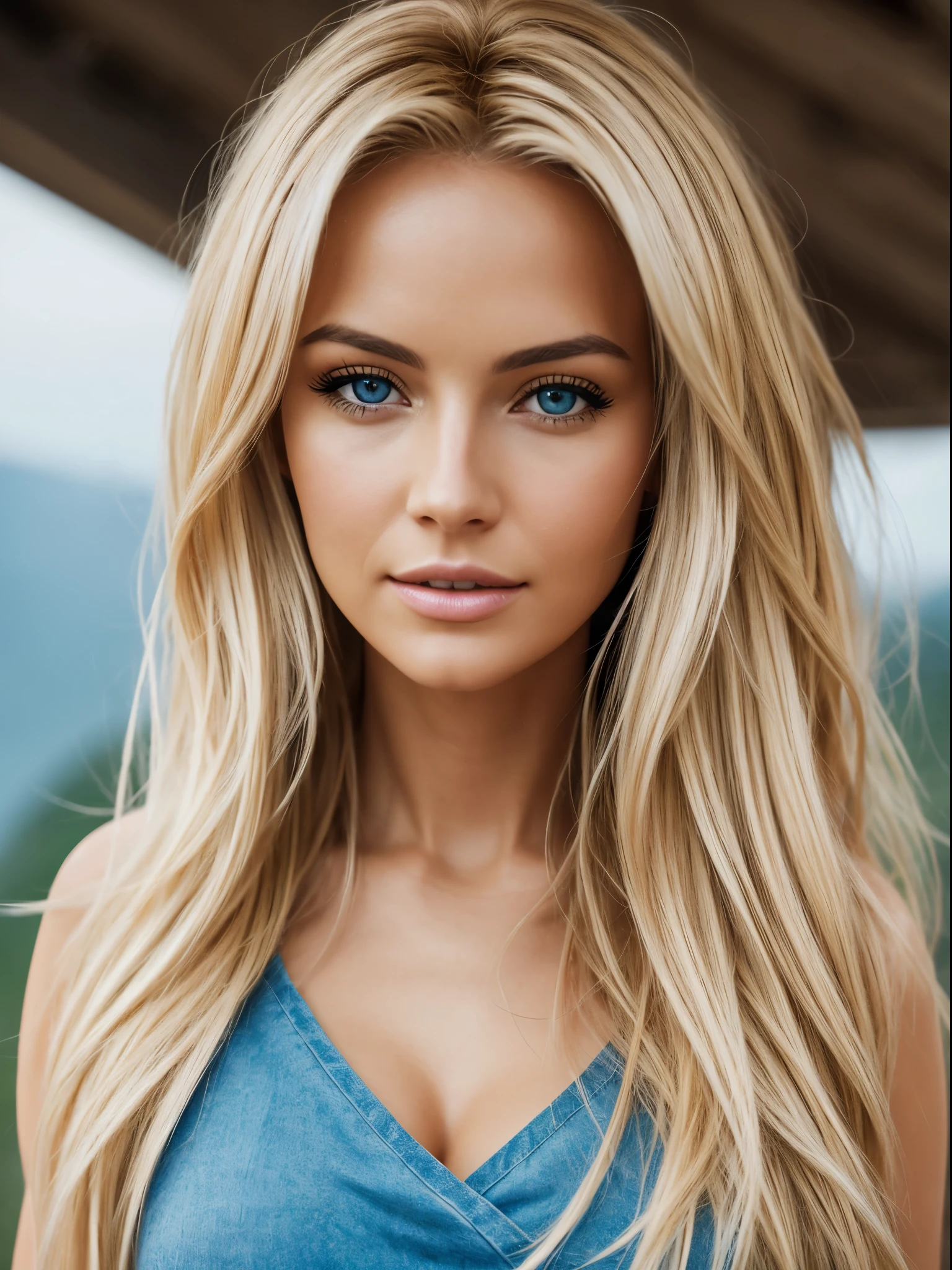Photorealistic of a insanely beautiful woman with blonde windy messy hair, in the style of panasonic lumix s pro 50mm f/1.4, light beige and dark azure, celebrity images mashups, soft realism, barbiecore, unreal engine 5, 32k uhd, luminous quality, swiss realism, niji 5
