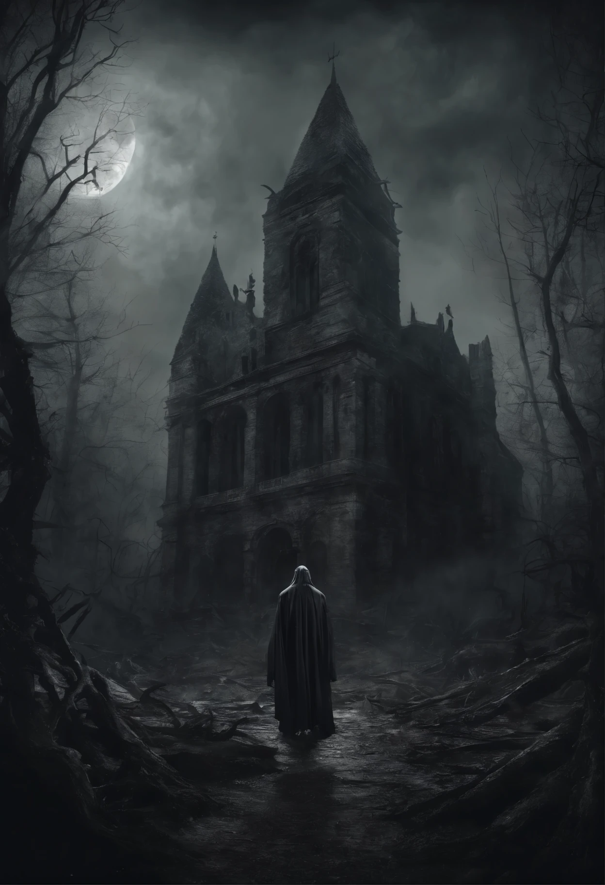 (Obra de arte, mais alta qualidade, trends on Artstation) Cinematic, retrato, (A demonic monster), emerging from a ruined church, GOTHIC LANDSCAPE, swirling mist, hp lovecraft, cosmic terror, vitoriano,