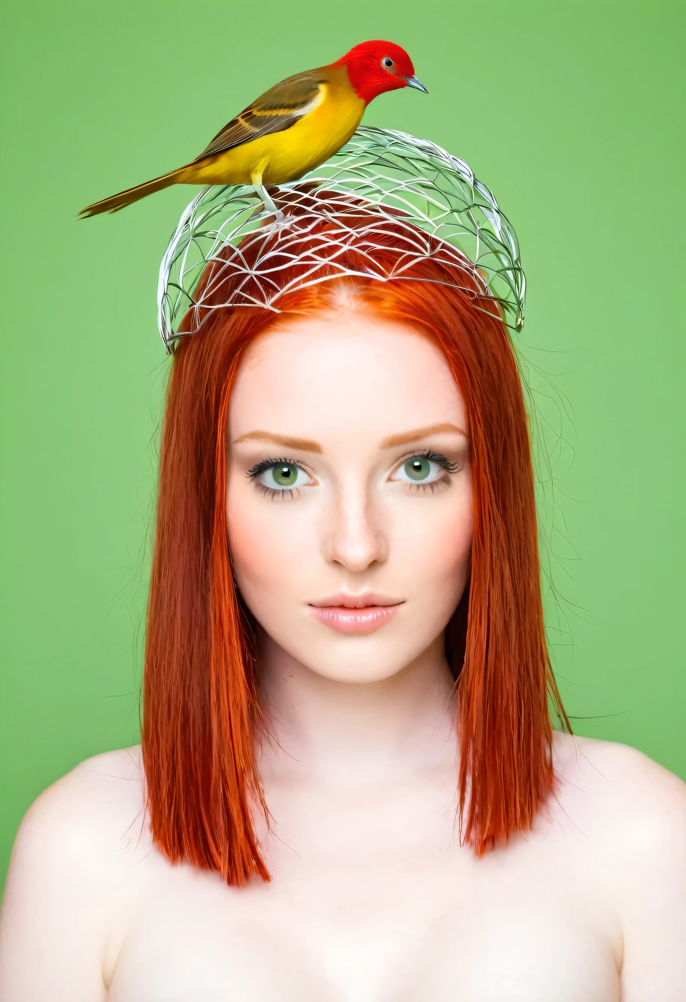 Girl with a red hair with a bird on her head 