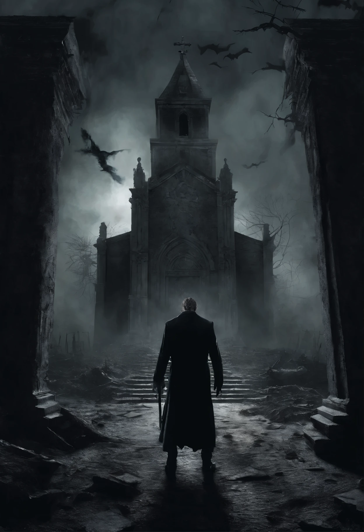 (Obra de arte, mais alta qualidade, trends on Artstation) Cinematic, retrato, (A demonic monster), emerging from a ruined church, GOTHIC LANDSCAPE, swirling mist, hp lovecraft, cosmic terror, vitoriano,