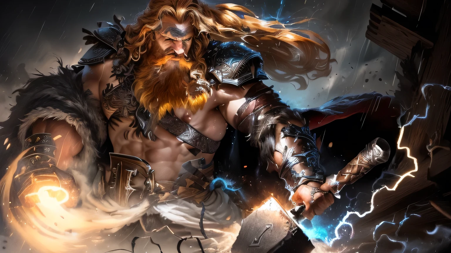 blurred image of a man with a hammer in his hand, retrato pintado de odin robusto, the God of thunder, God of thunder, Nordic god, black Thor, gigante de gelo, Nordic warrior, arte de fantasia sombria da velha escola, Nordic, Gimli, moinhos, Nordic mythology, Thor, homem ruivo, cabelo ruivo, barba ruiva