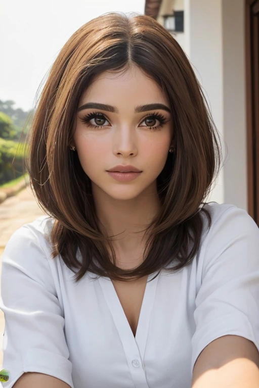 ((melhor qualidade)), ((Obra de arte)), (detalhado), (Cabelo curto ondulado e marrom com a ponta loira na frente), (Olhos cor de mel), (white cheekbone),rosto perfeito